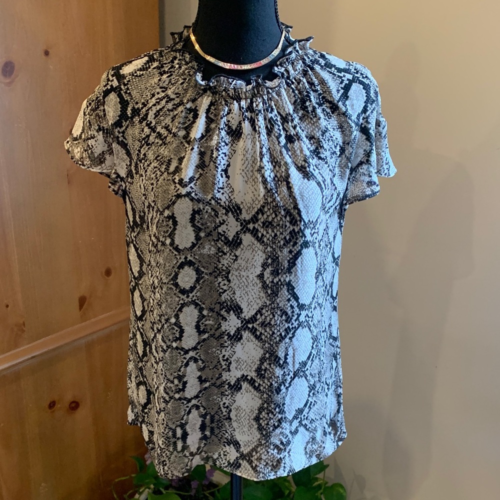 Vintage Express • Black and White Snake Print Ruffle Neck Blouse
